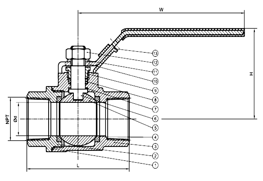 Gambar potongan ball valve 2-piece full bore 1000 PSI stainless berulir, dengan callout bernomor dan dimensi L, H, W serta diameter lubang d