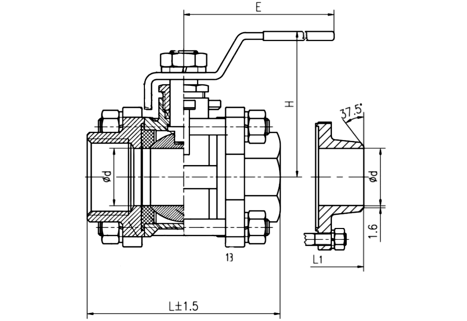 Gambar potongan ball valve 3-piece full bore 1000 PSI stainless ujung butt weld, dengan callout bernomor dan dimensi L, H, W dan PCD