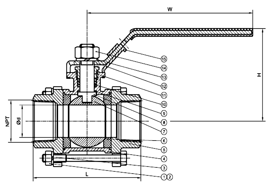 Gambar potongan ball valve 3-piece full bore 1000 PSI stainless ujung berulir dan socket weld, dengan callout bernomor serta dimensi L, H, E, PCD dan diameter lubang