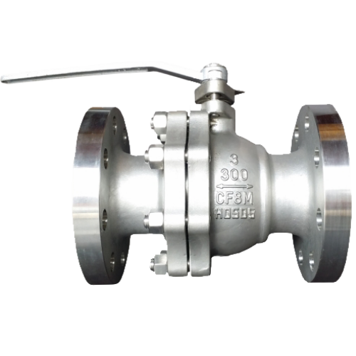 Gambar potongan ball valve ujung flensa ANSI 300 SS316, dengan callout bernomor dan dimensi flensanya