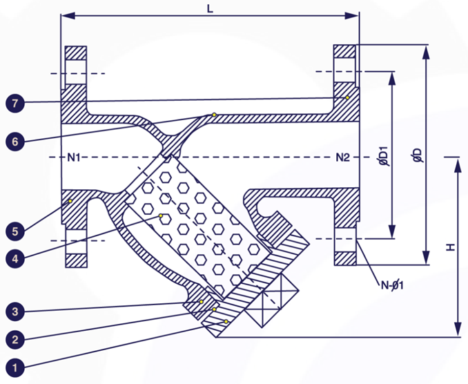 Gambar potongan Y-strainer berflensa