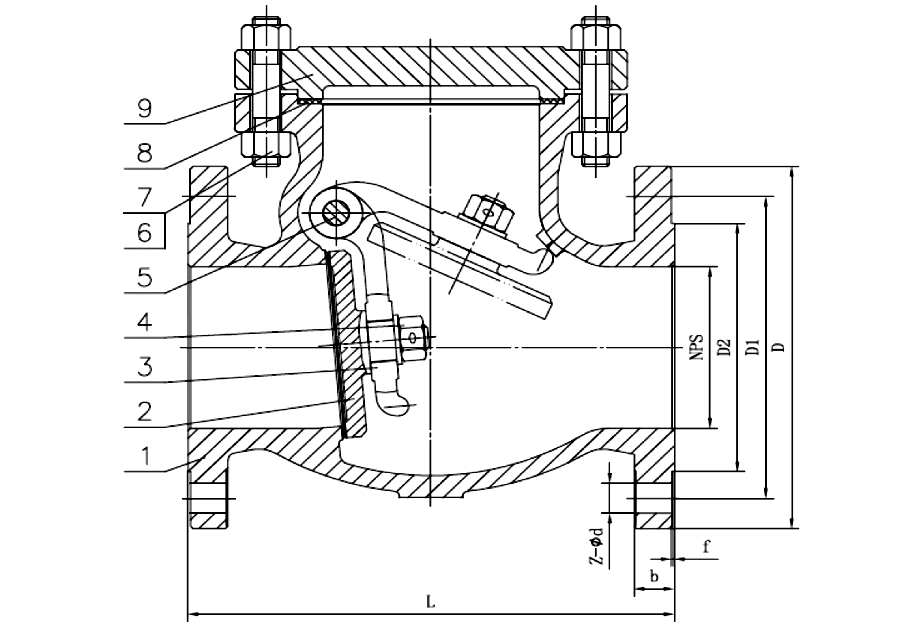 Gambar potongan swing check valve JIS 10K SS316, dengan callout bernomor 1 sampai 9