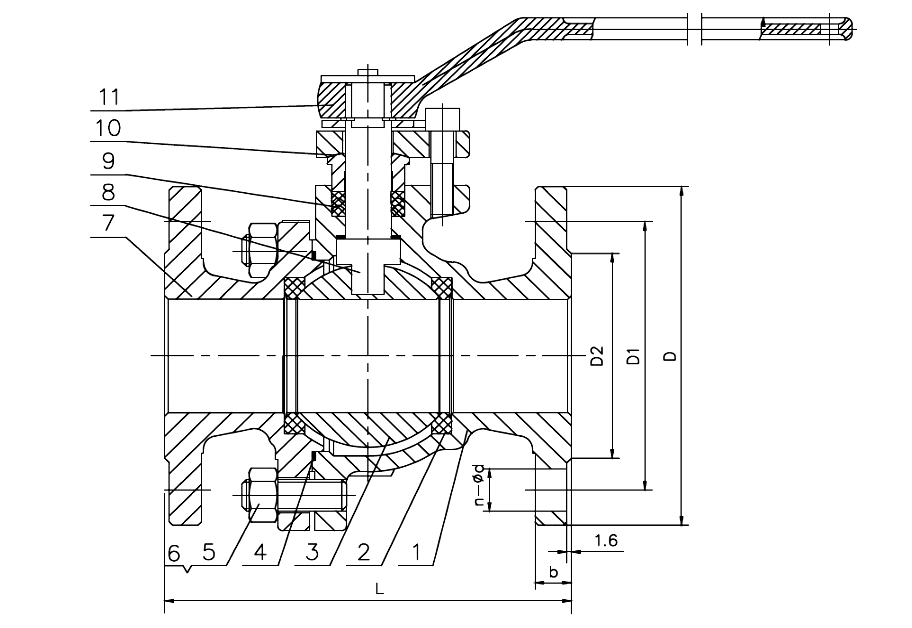 Gambar potongan ball valve ujung flensa ANSI 150 baja cor, dengan callout bernomor pabrikan