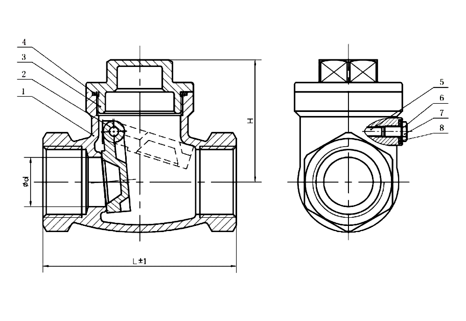 Gambar potongan swing check valve kuningan berulir, dengan callout bernomor 1 sampai 8
