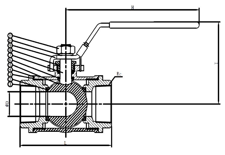 Gambar potongan ball valve tiga arah L-port 1000 PSI stainless, callout 1 sampai 11 dengan dimensi L, H, T dan diameter lubang D