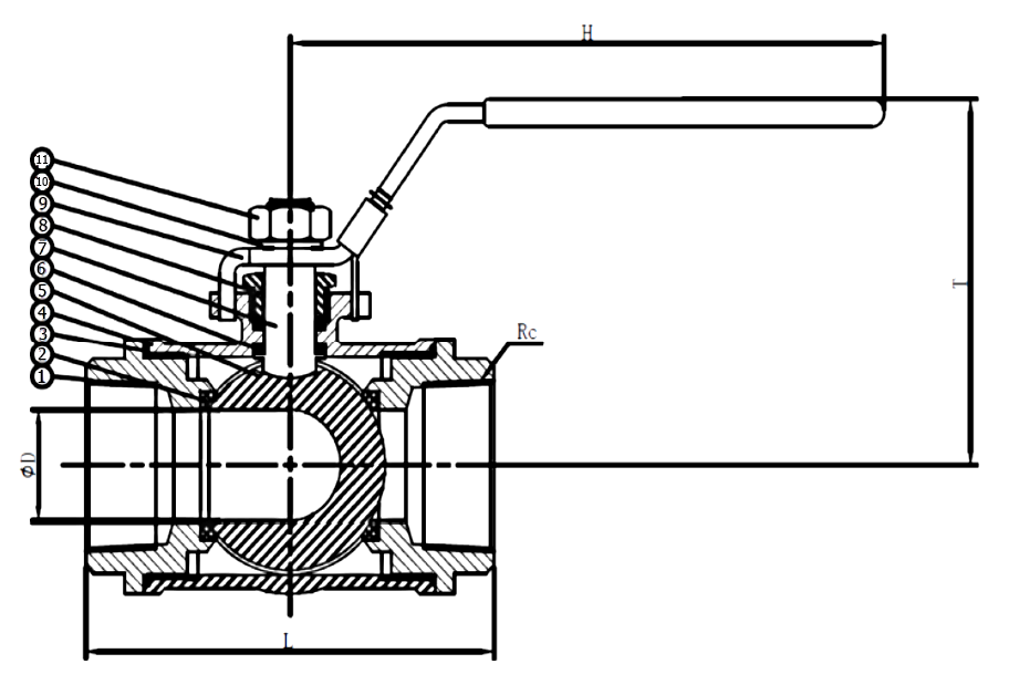 Gambar potongan ball valve tiga arah T-port 1000 PSI stainless, callout 1 sampai 11 dengan dimensi L, H, T dan diameter lubang D