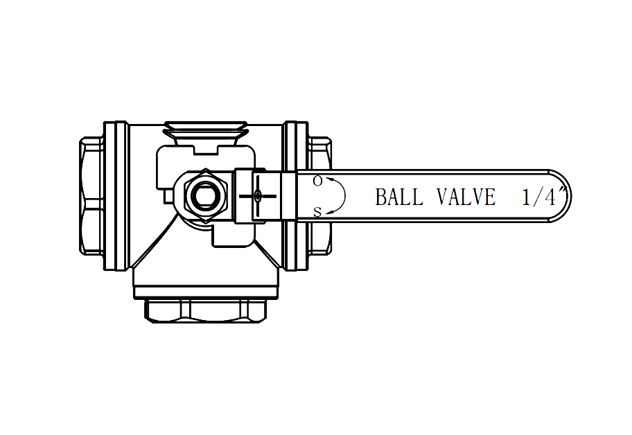Gambar susunan umum ball valve T-port: dua port sisi, port ketiga di bawah bodi, tuas bertanda O dan S