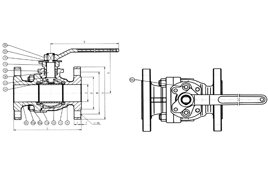 Gambar potongan ball valve ujung flensa ANSI 300 baja cor, dengan callout bernomor pabrikan